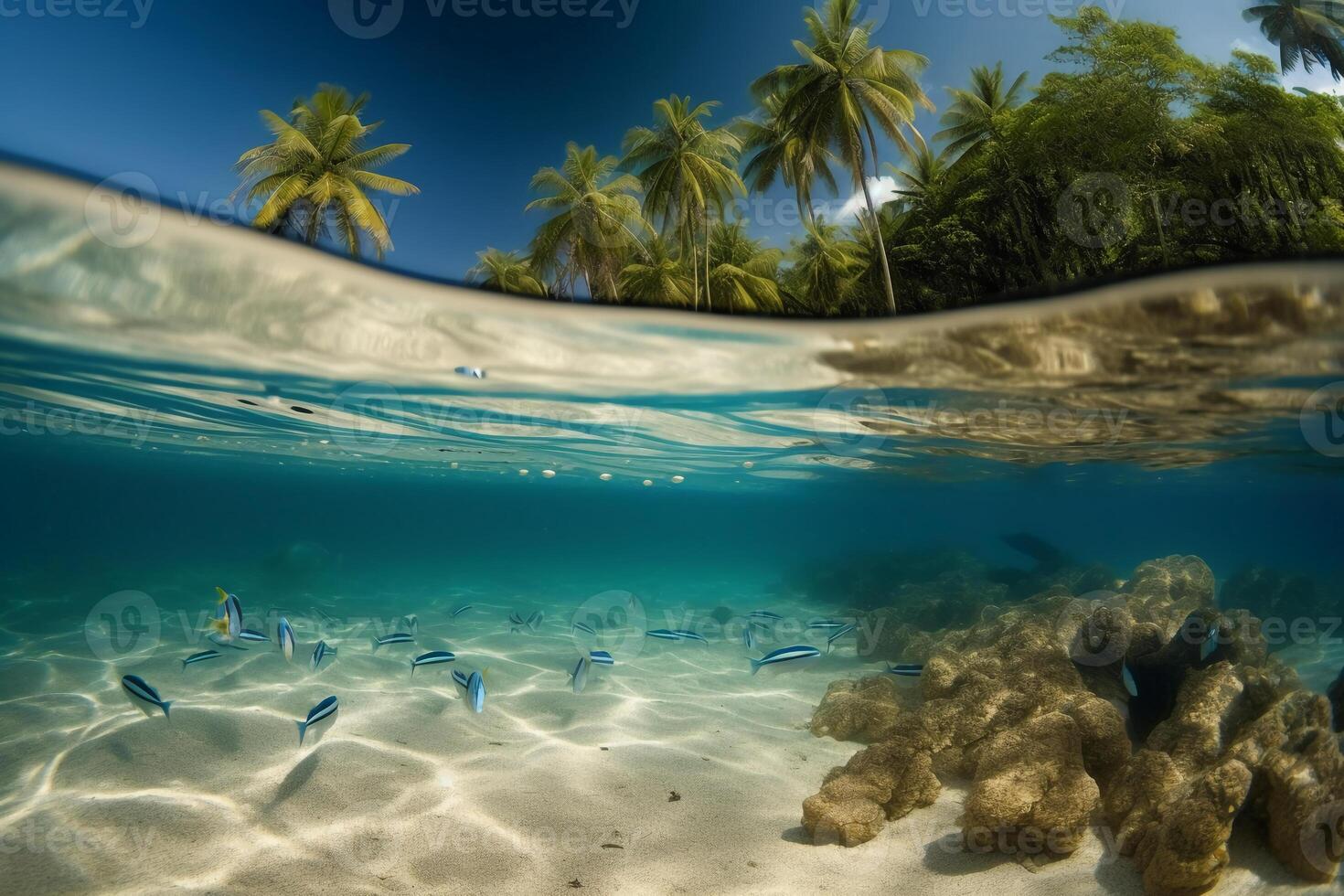 Photograph of beautiful inviting beach scene with blue sky. photo