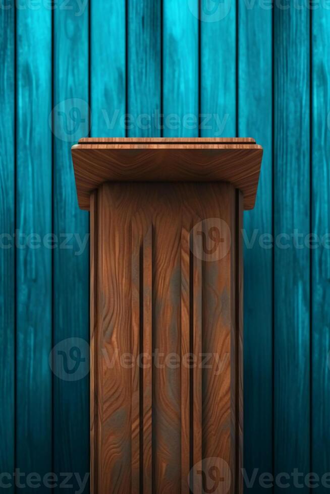 Brown wood grain podium with blue pattern background, front view. photo