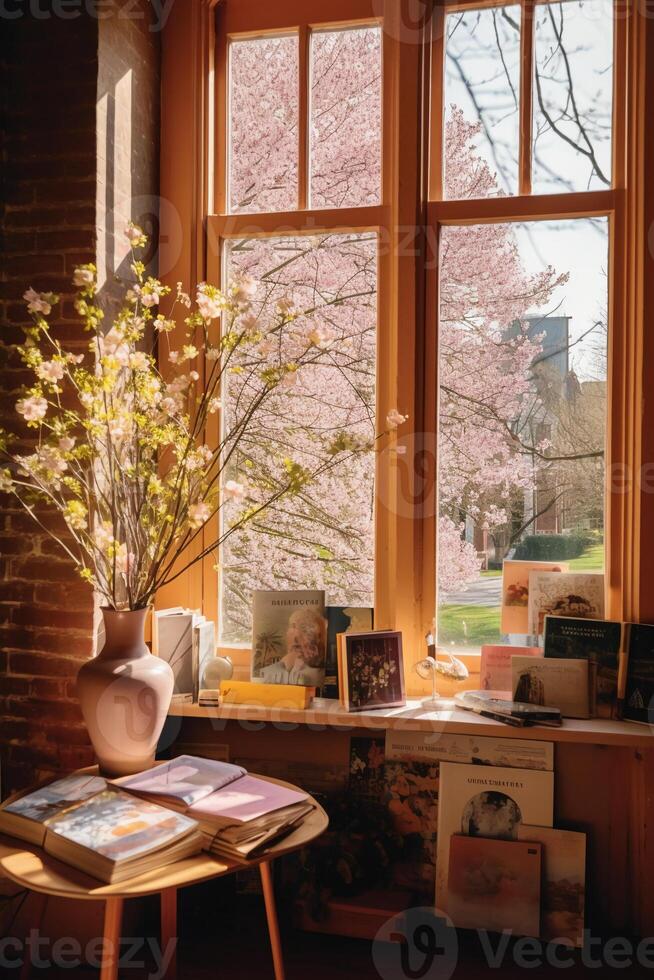 A photo of photobooks next to a big window.