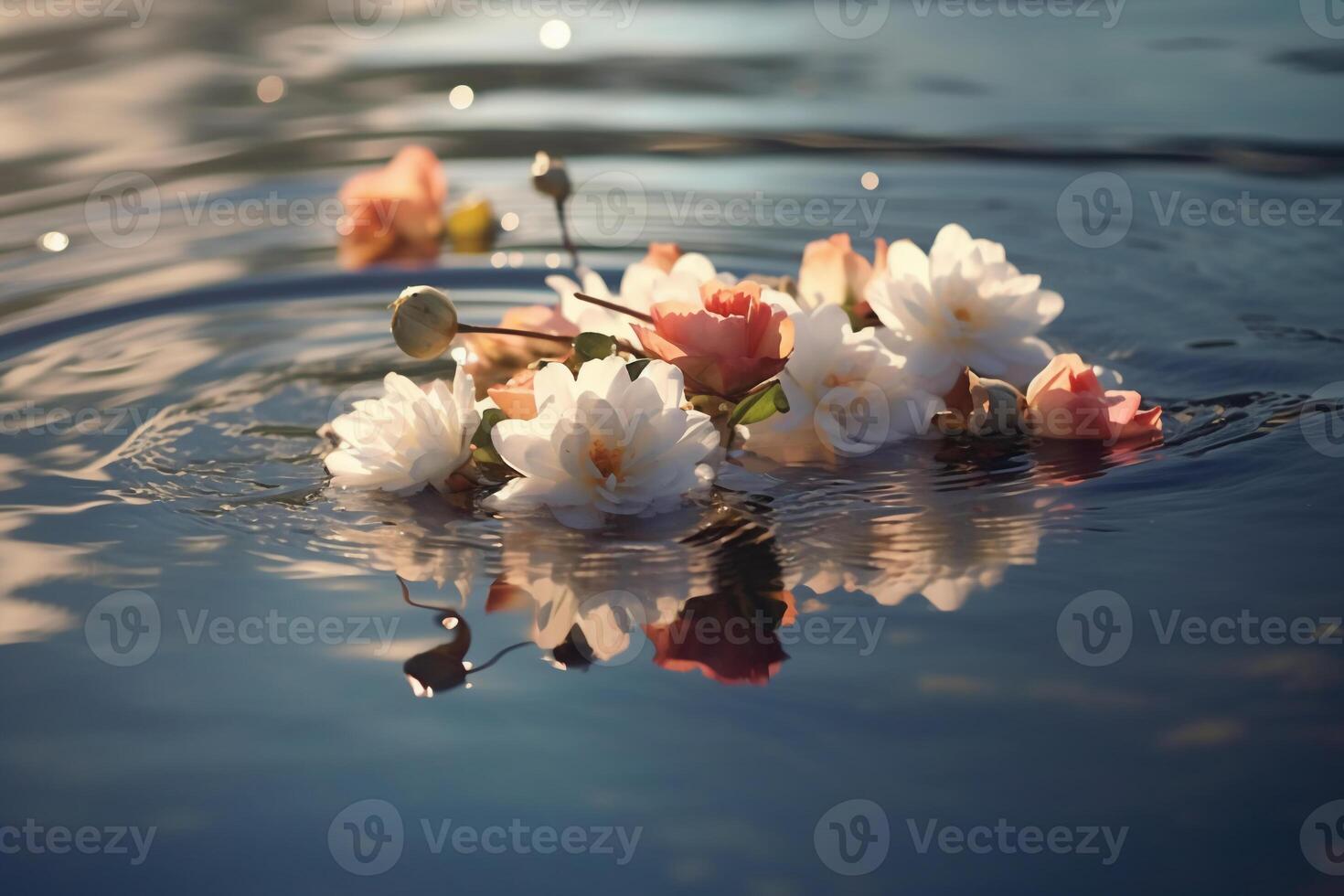 hermosa blanco y Rosa flores flotante en el lago. ai generativo foto
