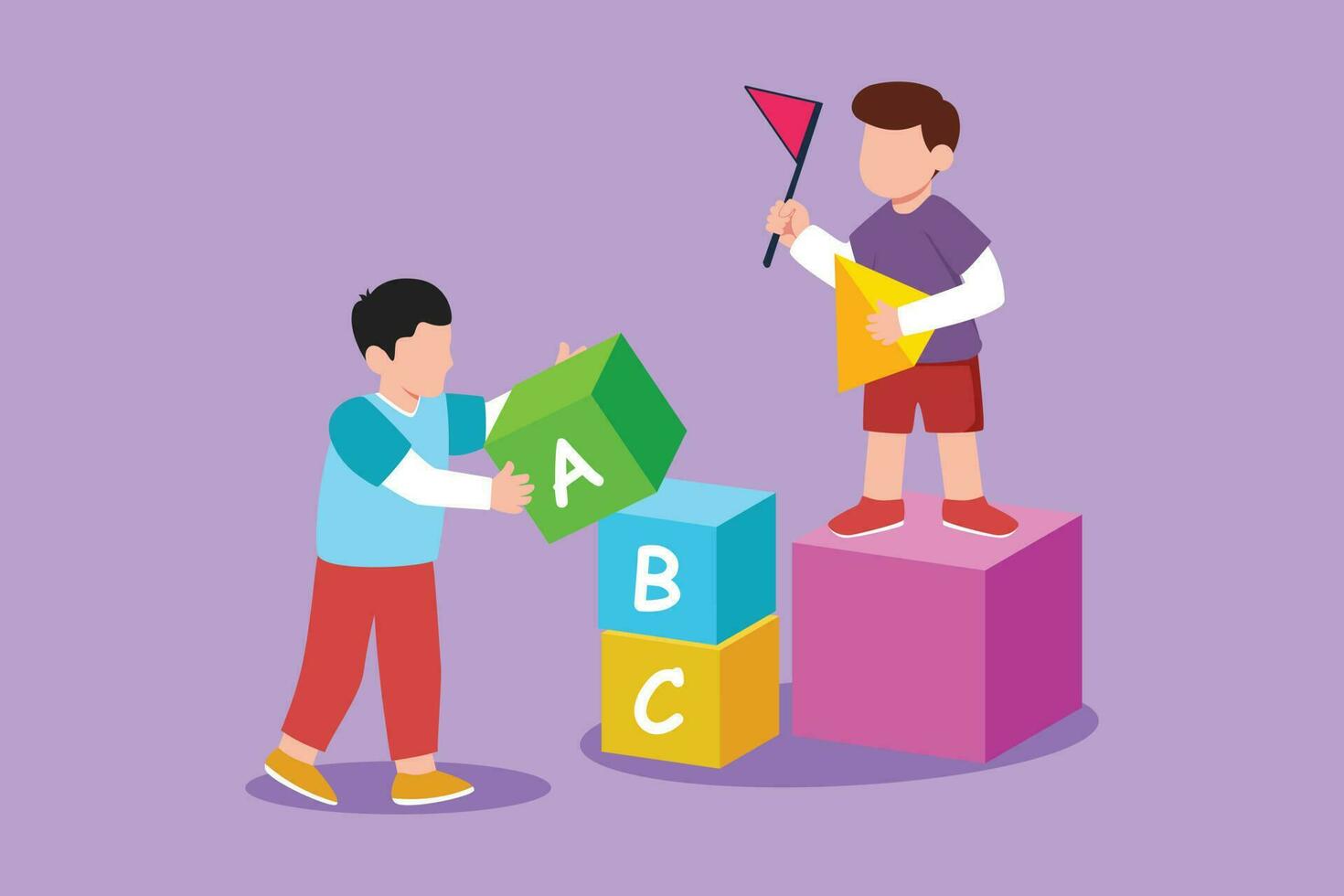 Cartoon flat style drawing two little boys playing blocks toys together. Educational toys for smart kids. Children playing designer cubes, developmental constructor. Graphic design vector illustration