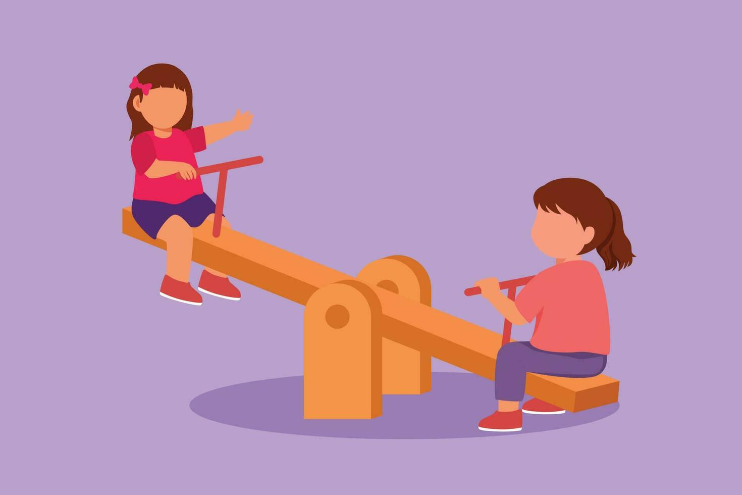 Character flat drawing two little girls swinging on seesaw at outdoor. Kids having fun at playground school. Cute children playing seesaw together happily at park. Cartoon design vector illustration