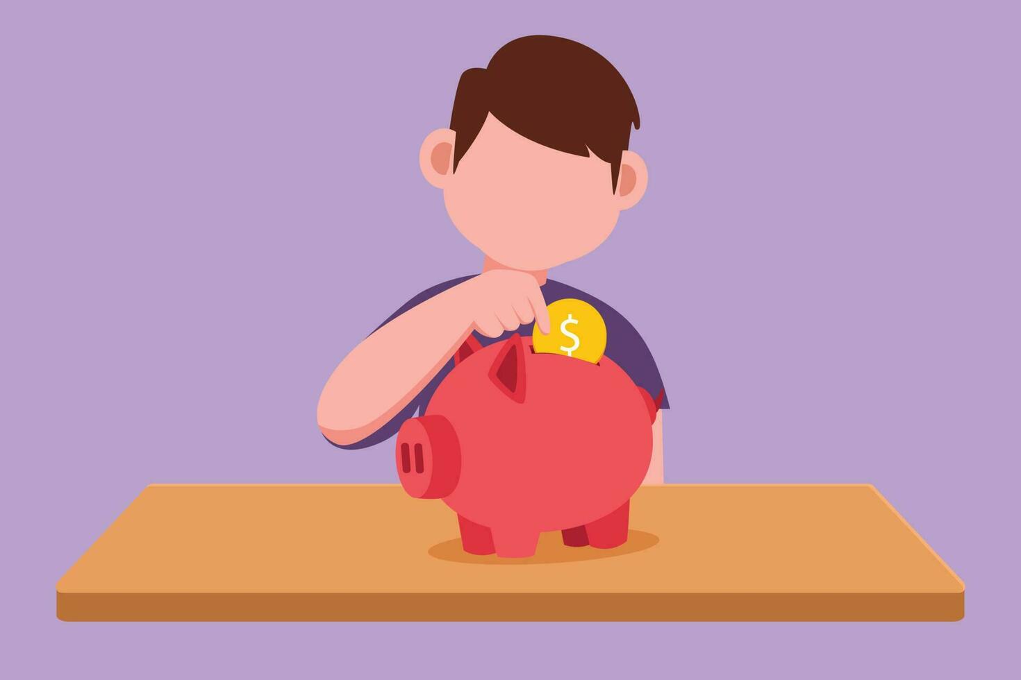 Graphic flat design drawing cute little boys sitting near desk puts coins in a piggy bank and dreams of buy something in the future. Children learning saving money. Cartoon style vector illustration