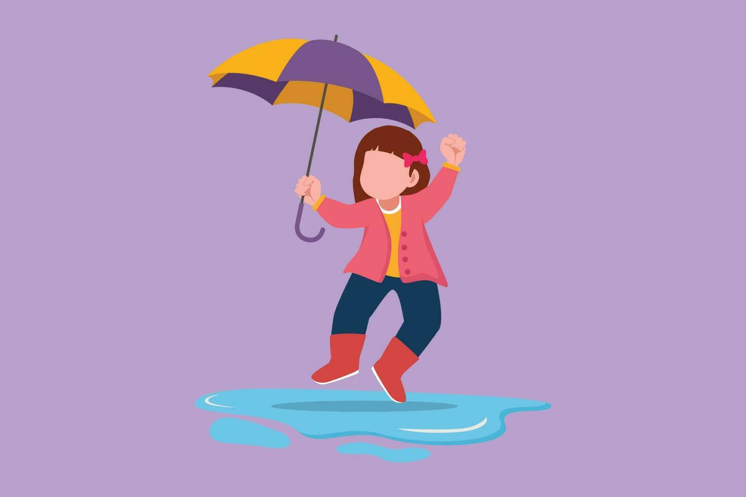 Graphic flat design drawing cute little girl play wear raincoat and umbrella. Child playing in rain. Kid in raincoat and rubber boots plays in rain, puddle splashing. Cartoon style vector illustration