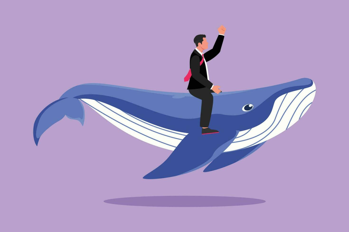 Character flat drawing of brave businessman riding huge dangerous blue whale. Professional entrepreneur male character. Successful business man. Business metaphor. Cartoon design vector illustration