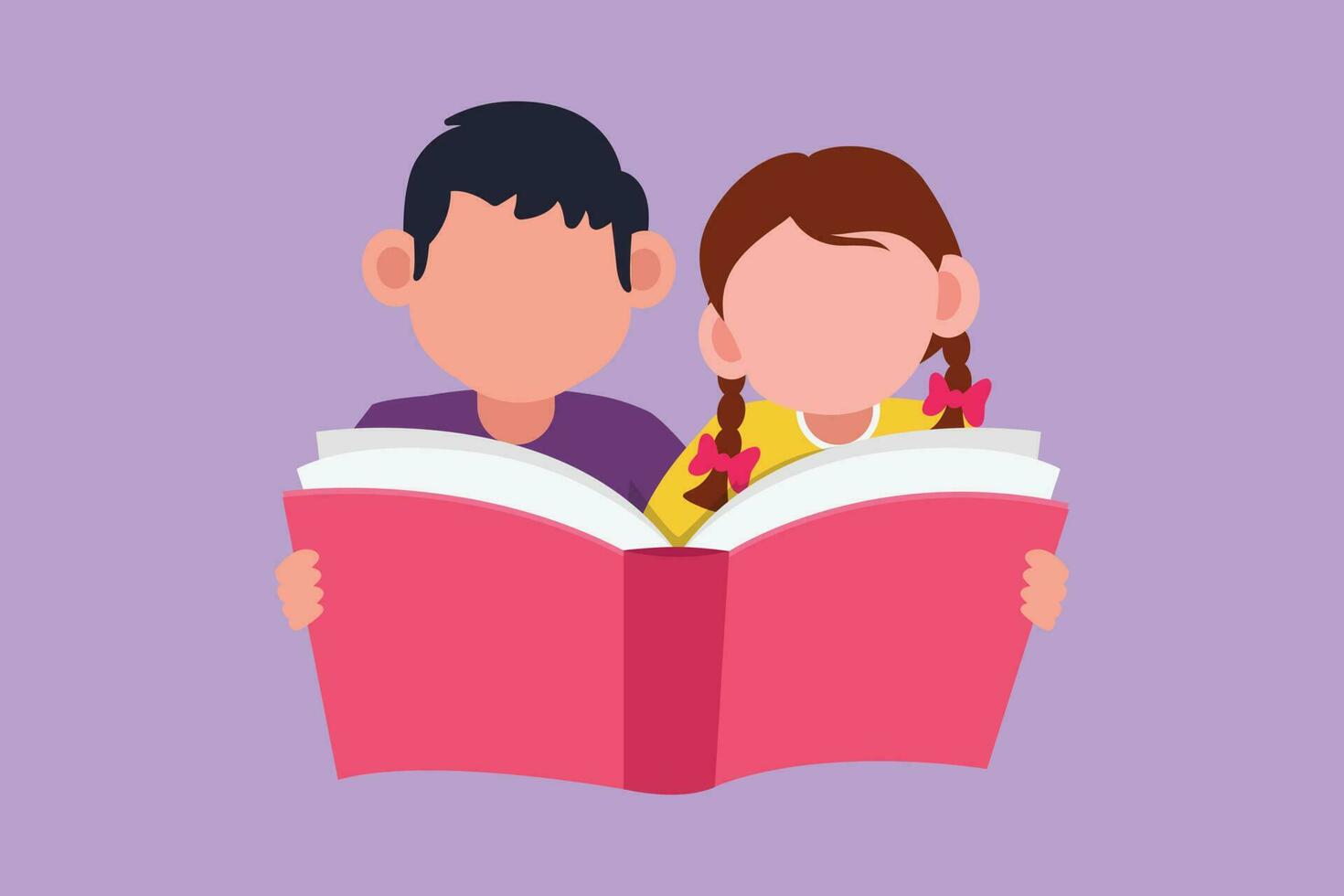 Cartoon flat style drawing kids, boy and girls reading book on table together. Open mind with read book. Source of knowledge. Intelligent student studying at school. Graphic design vector illustration