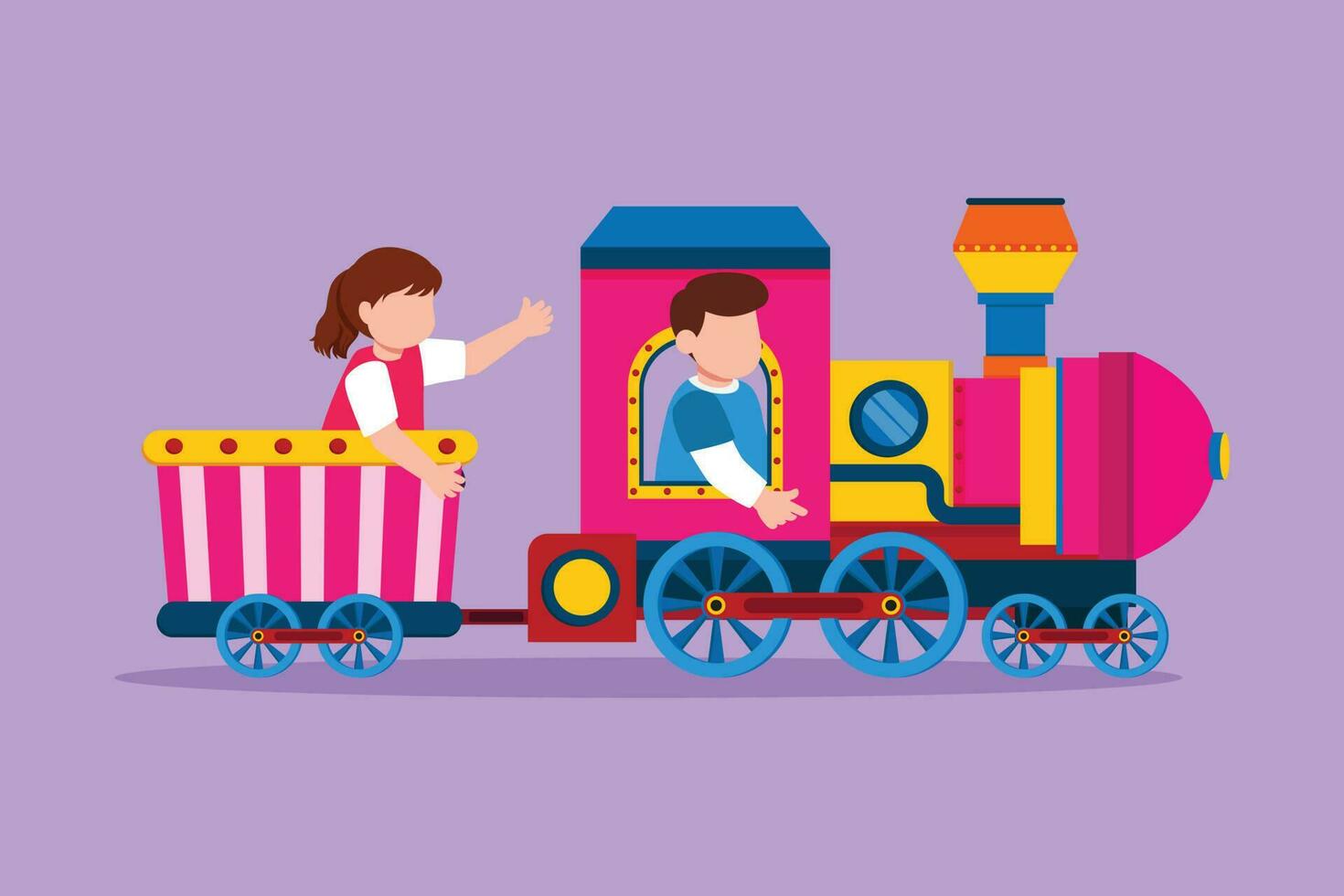 Cartoon flat style drawing cheerful little boy and girl riding on train at amusement park. Happy kids riding toy train or having fairground ride. Children journey. Graphic design vector illustration