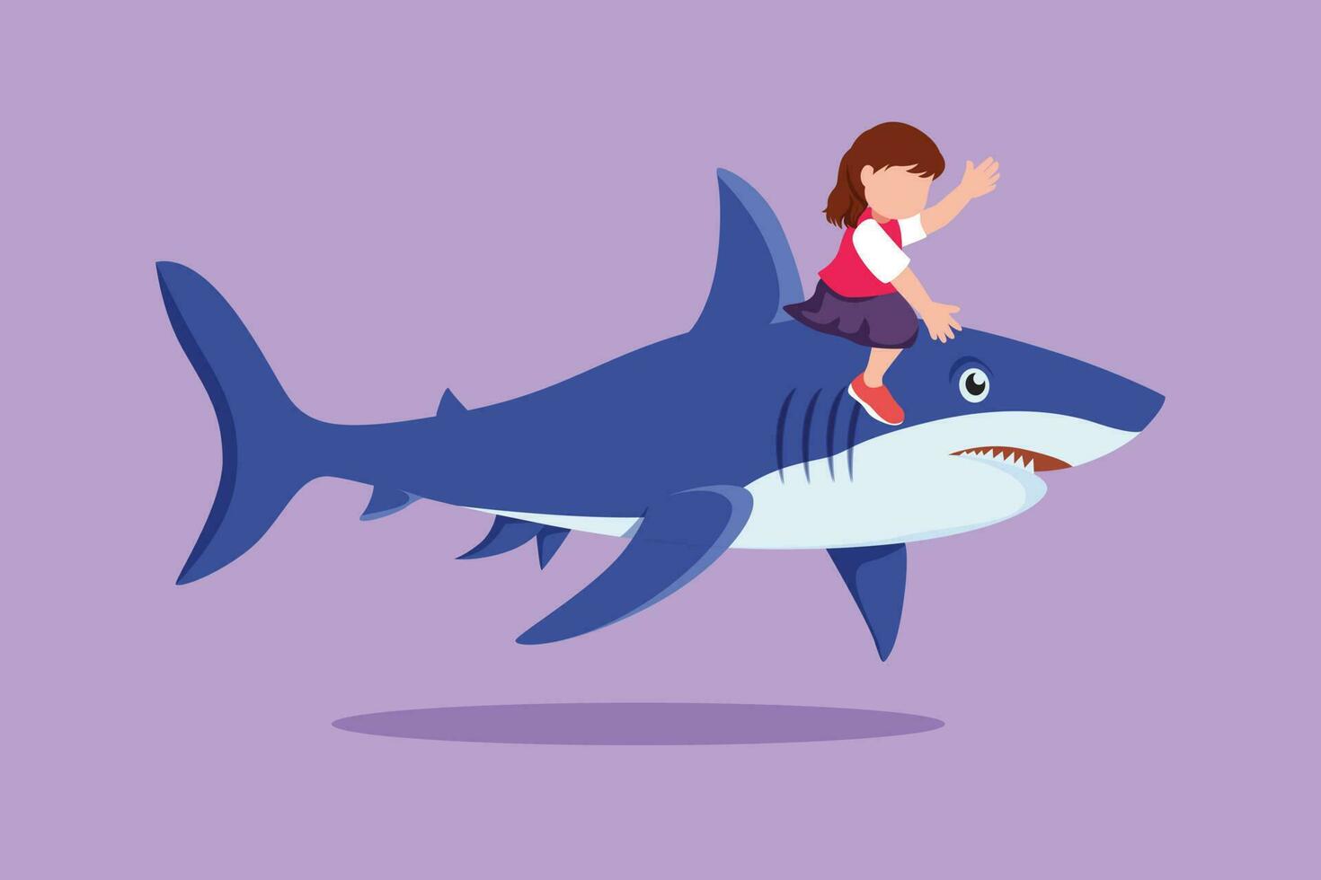 Character flat drawing of bravery little girl riding inflatable shark. Adorable kids sitting on back shark in deep zoo swimming pool. Shark ocean fish in deep water. Cartoon design vector illustration