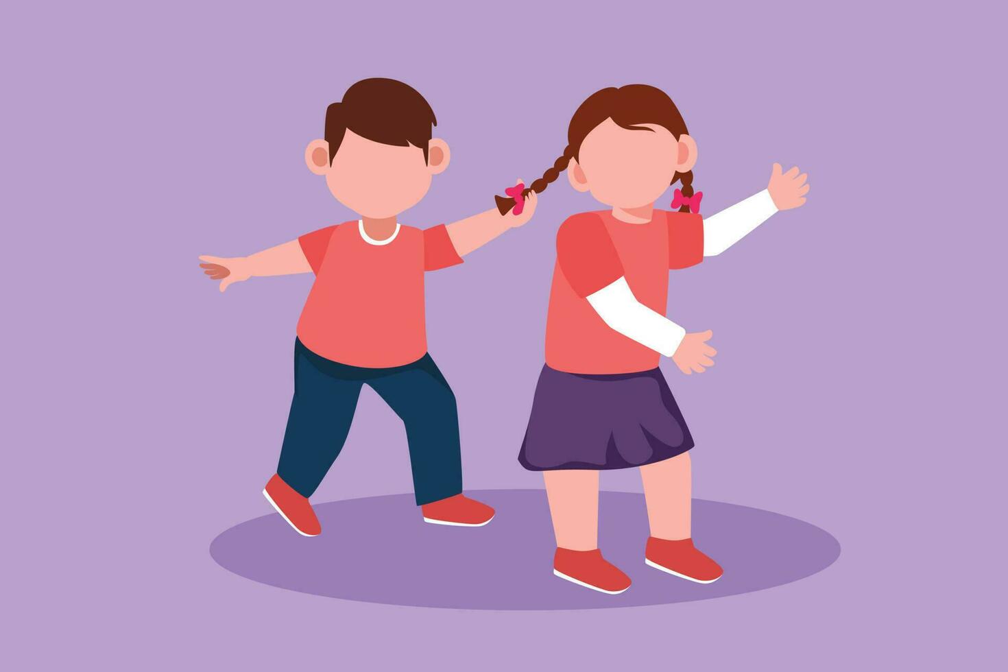 Cartoon flat style drawing of bullying children. Angry little boy pulling girl's hair. She look of shock and pain. Problem of physical bullying at school playground. Graphic design vector illustration