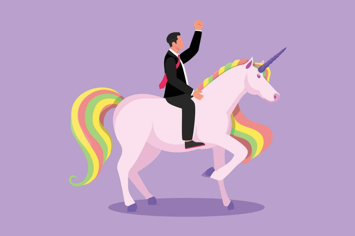 Graphic flat design drawing smart businessman riding unicorn symbol of success. Business startup concept, looking a goal, achievement, leadership. Business metaphor. Cartoon style vector illustration