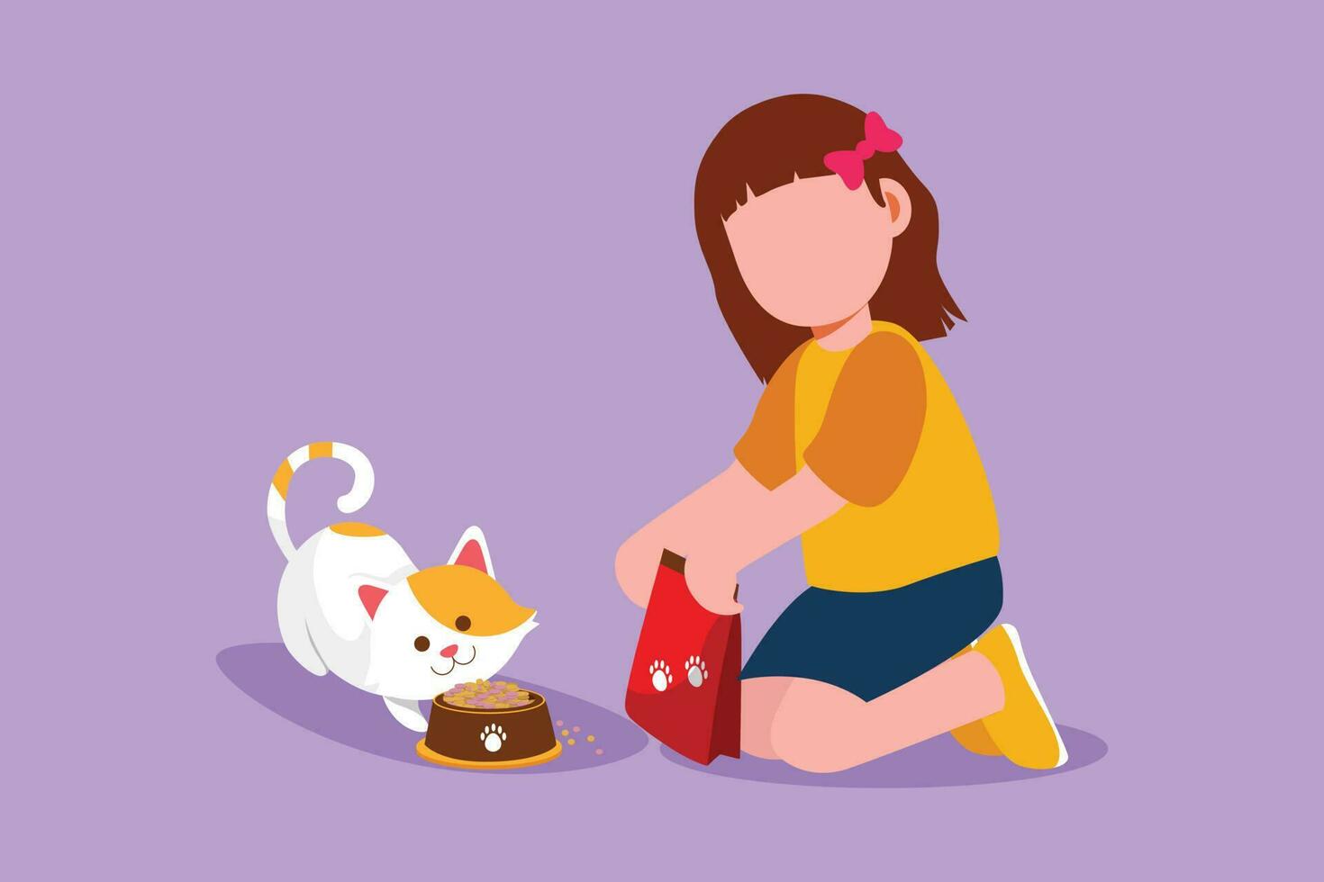 Graphic flat design drawing cute smiling little girl kneeling and feeding her kitten with cat food. Pretty kid caring for animal. Kids doing housework chores at home. Cartoon style vector illustration