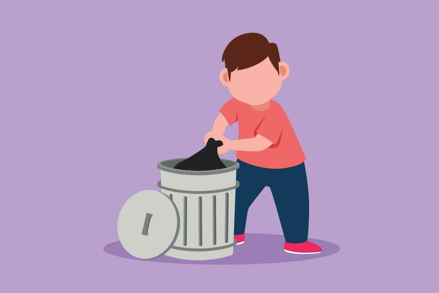 Character flat drawing of adorable little boy taking out the trash. Kids doing housework activities chores at home. Ecology themed campaign. Eco education for kids. Cartoon design vector illustration