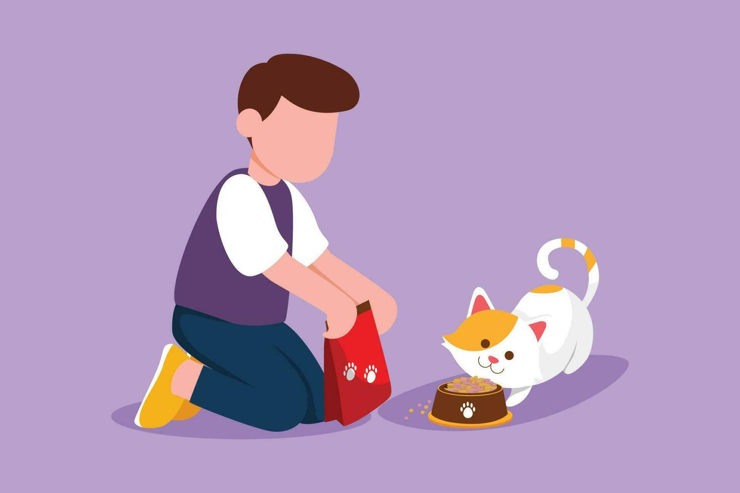 Graphic flat design drawing of smiling little boy kneeling and feeding his kitten with cat food. Adorable kid caring for animal. Kids doing housework chores at home. Cartoon style vector illustration