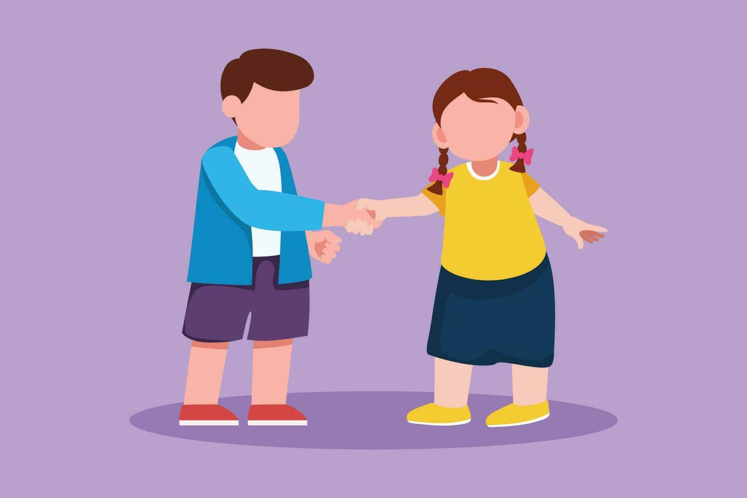 Cartoon flat style drawing cute little boys and girls standing and shaking hands making friendship. Children introduce themselves. Kids touching each other's hand. Graphic design vector illustration