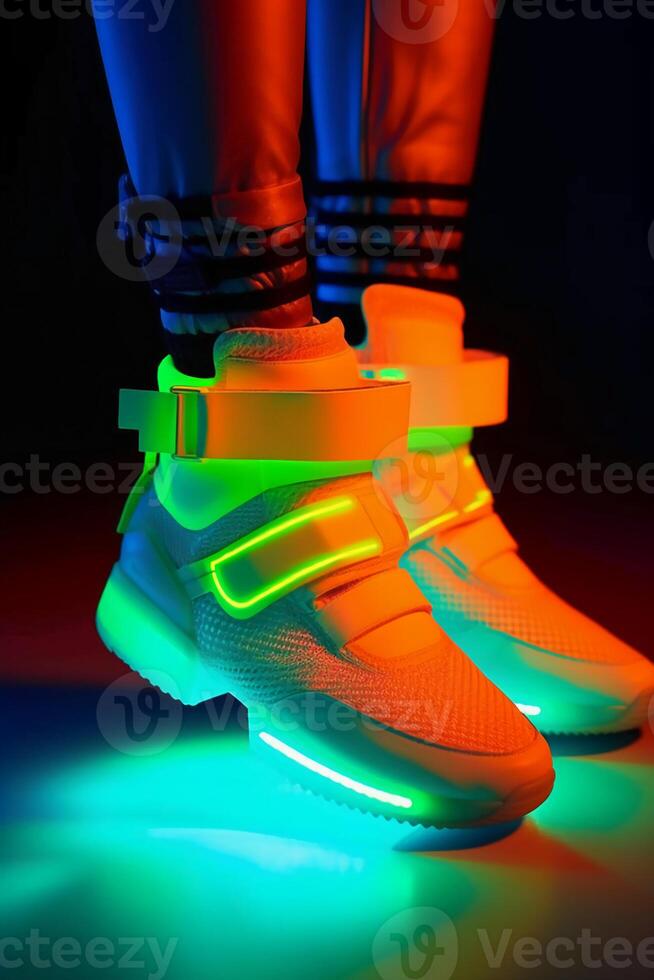 Futuristic neon sneakers with cyberpunk influence. photo