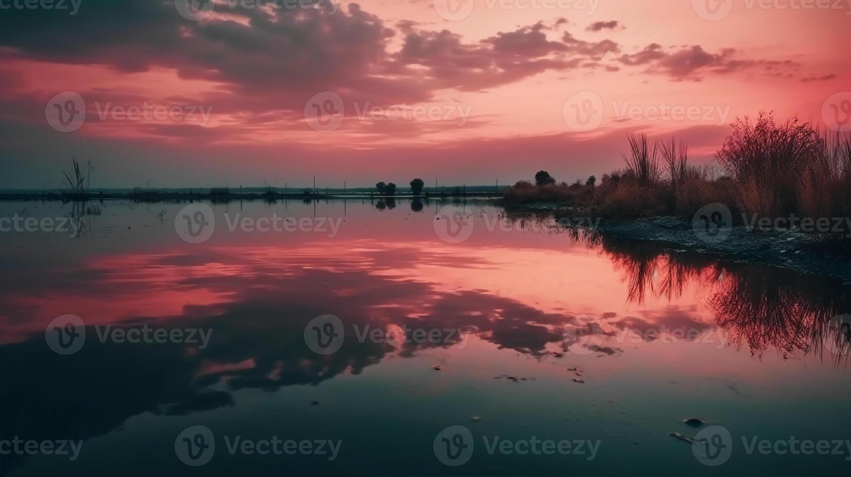 A scene in which the entire pink sky is reflected in the water. photo