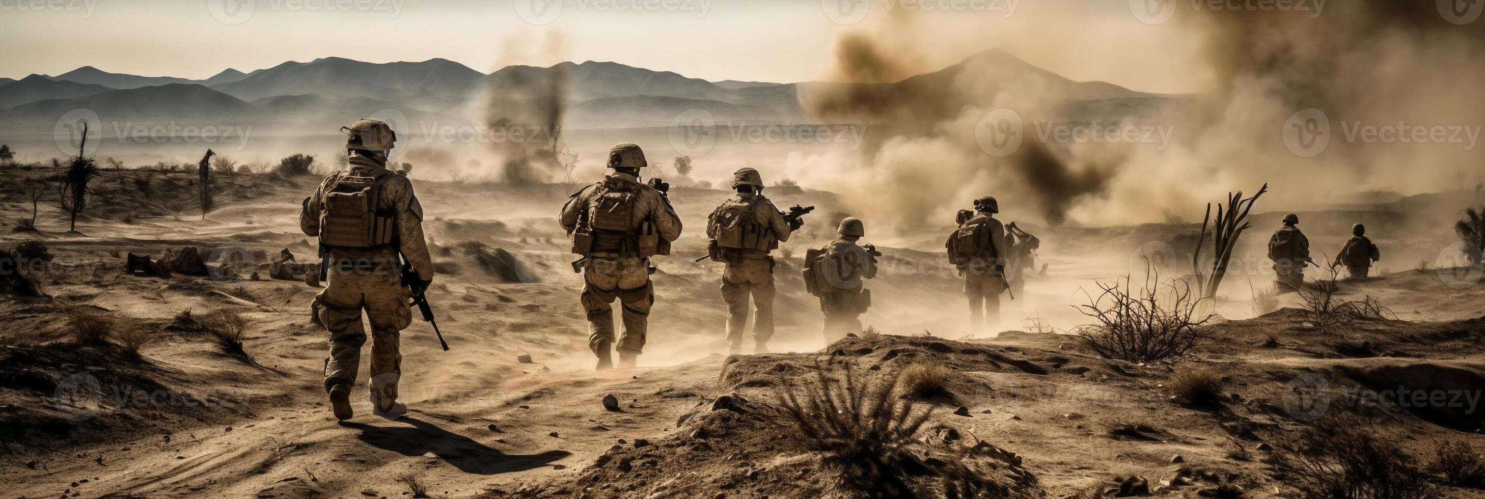 Military special forces soldiers crosses destroyed warzone through fire and smoke in the desert, photo