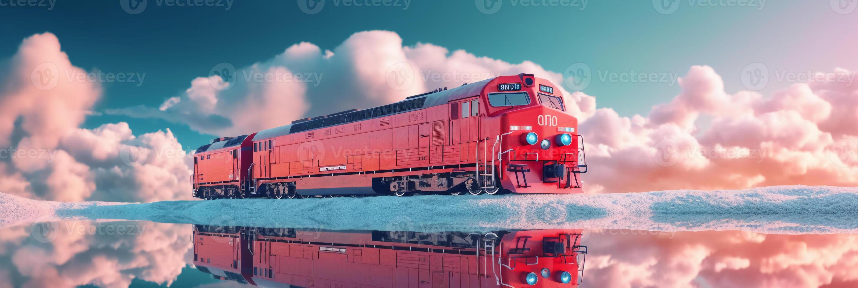 A train is traveling on lake, water surface reflects the sky. photo