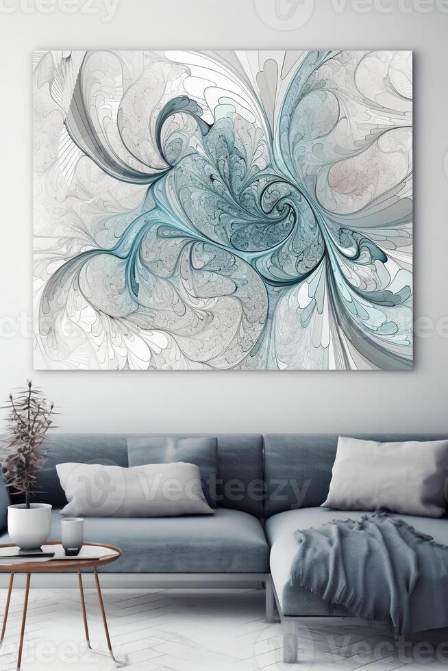 Light Blue and White Fractal Canvas Print, Abstract Line Art, Printable Wall Art, Minimalist Poster. photo