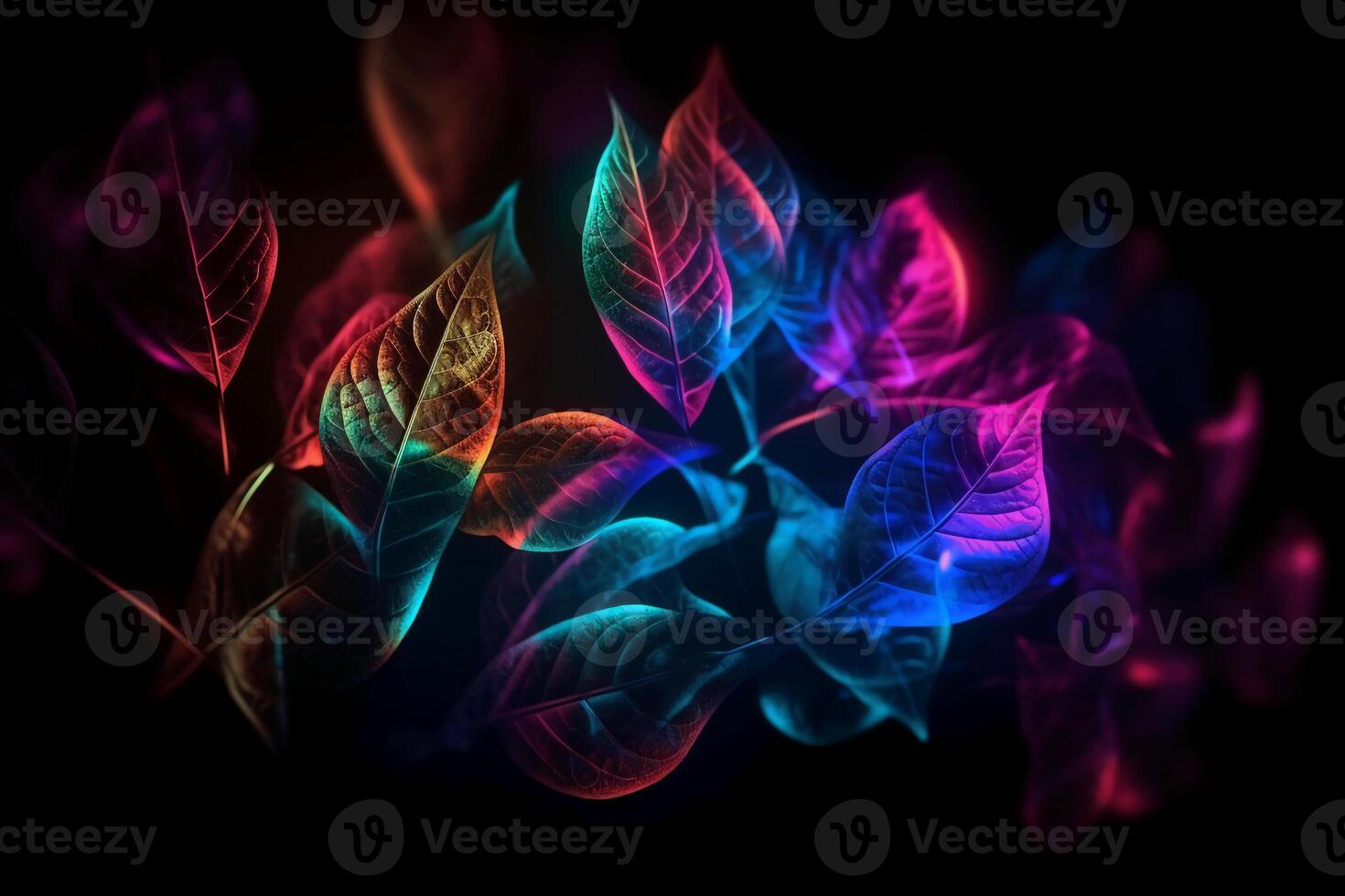 Defocused neon overlay. Blur led glow. Leaf texture glare. Blur fluorescent purple red decorative illumination motion on dark black abstract background. photo