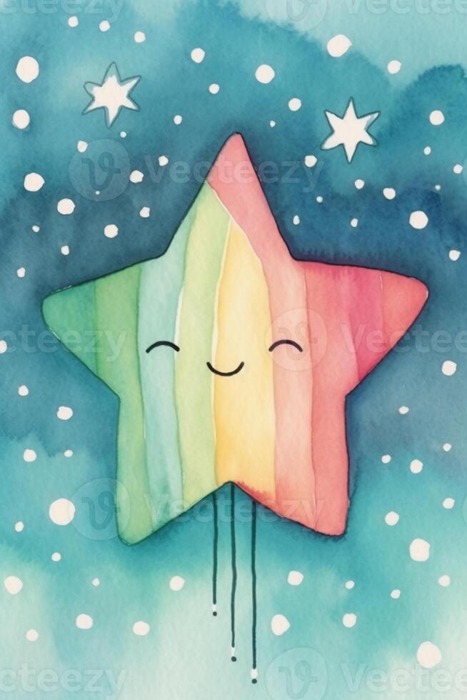 A watercolor painting of a rainbow and stars print. photo