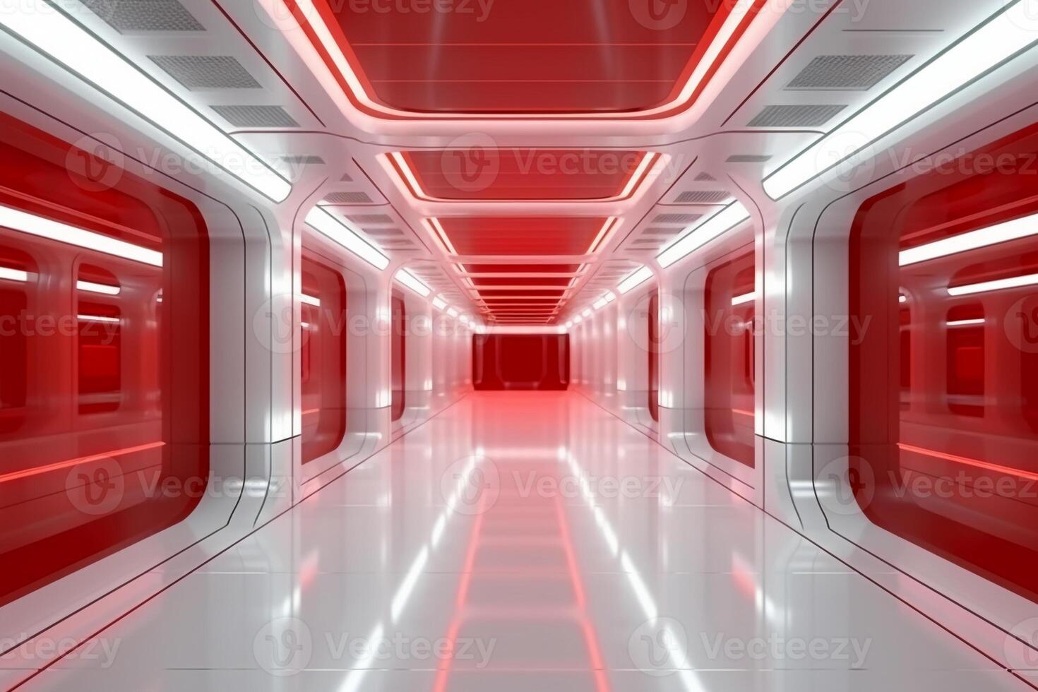 Futuristic background science fiction interior white wall and red light architecture corridor,. photo