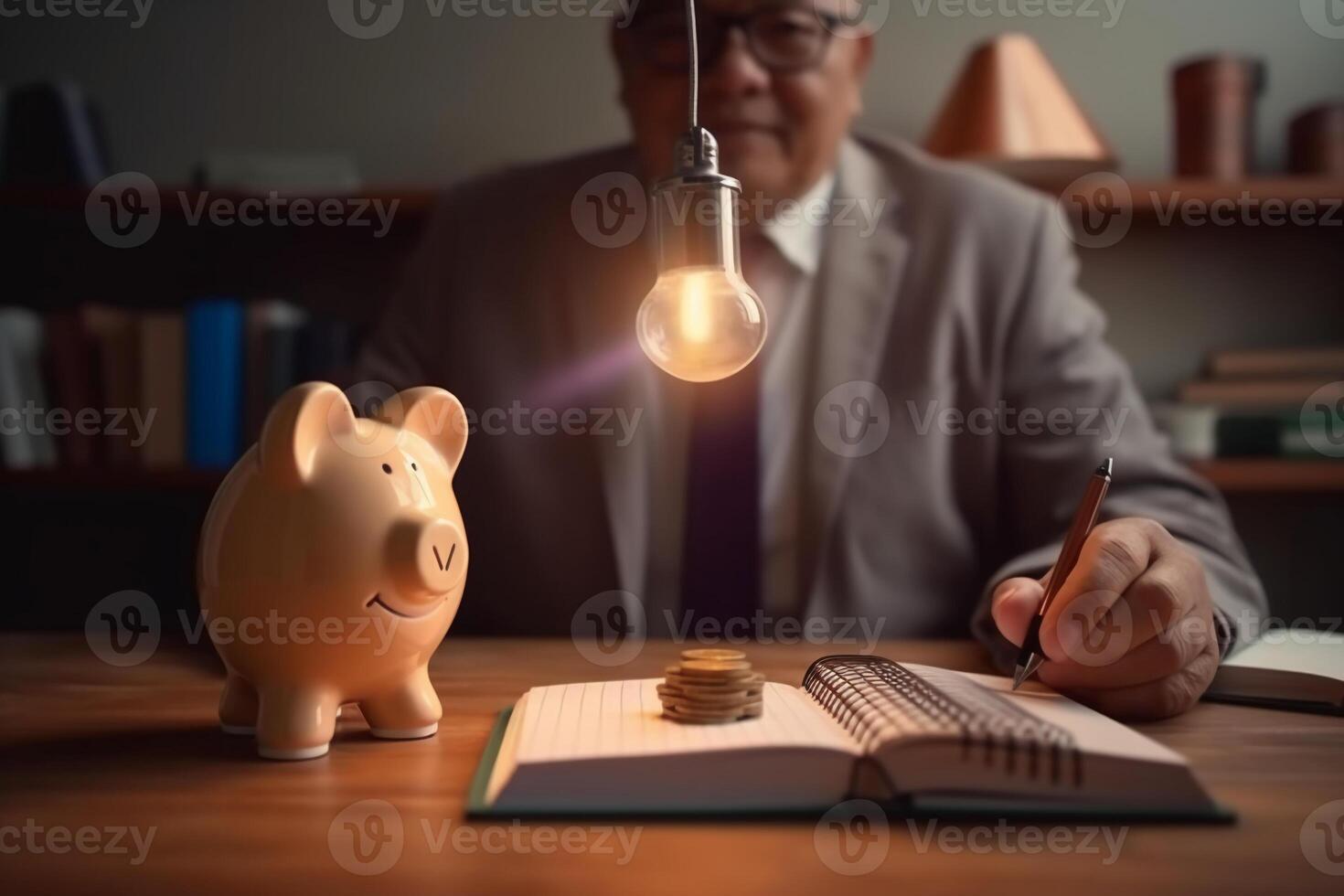 idea for save or investment. businessman holding lightbulb beside piggy bank and coins stacking on desk with note book. photo