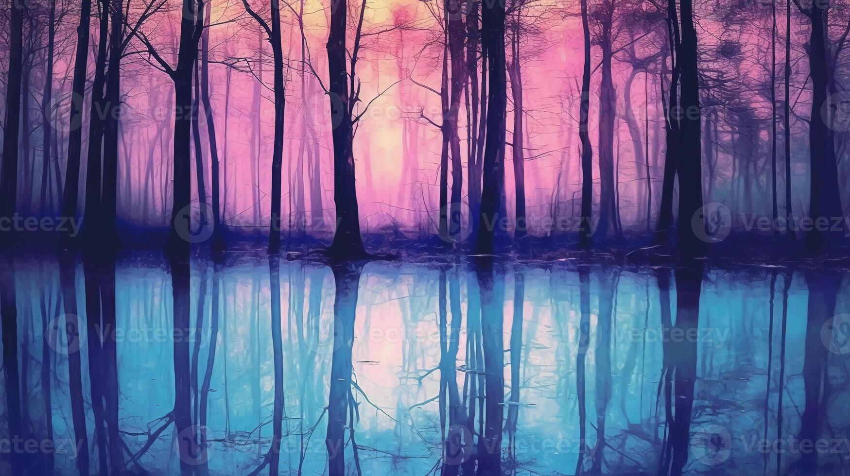 Trees in a forest with water on it, in the style of blur silhouette, with a blue purple tone. photo