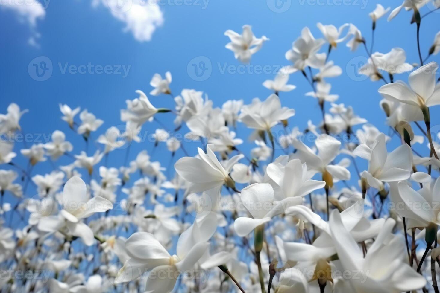 The white petals fall off with blurred clear blue sky and cloud. photo