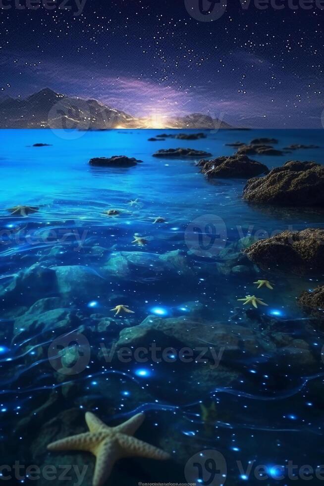 Ocean shore at night, the water is full of dinoflagellates, glowing with millions bright blue neon glow in the dark tiny dots. photo