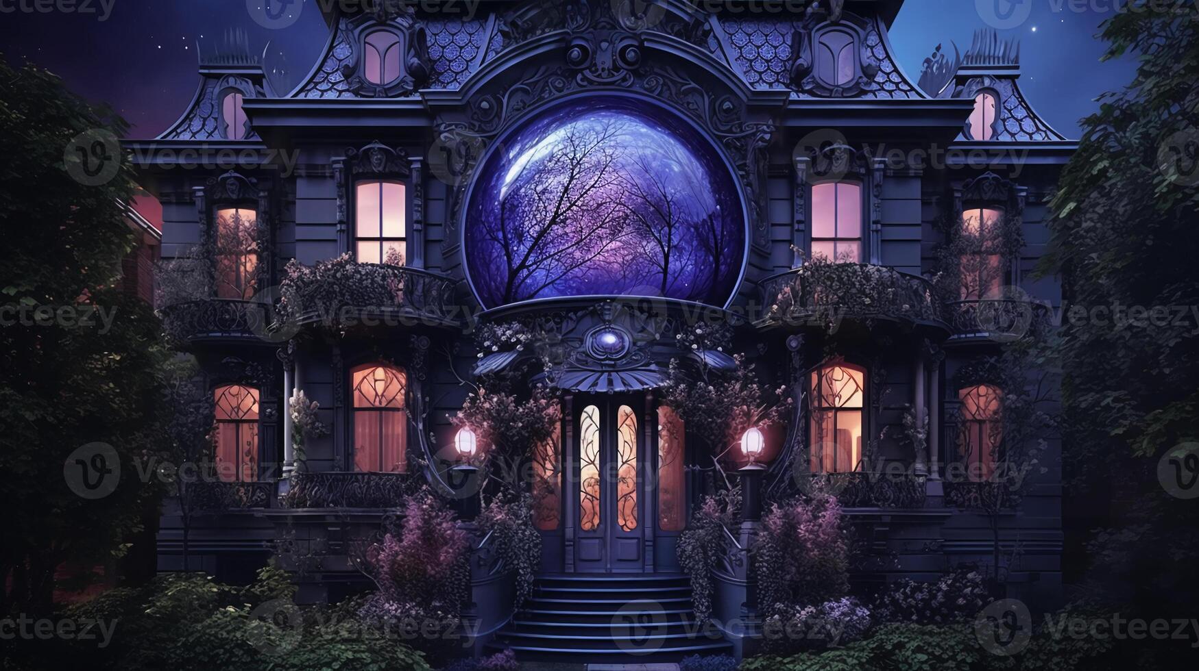 Black house royal exterior, oval villa, maximalism, flowers, devine, aestetic, purple light, hypermaximalist, swarovsky crystals, detailed, exquisite. photo