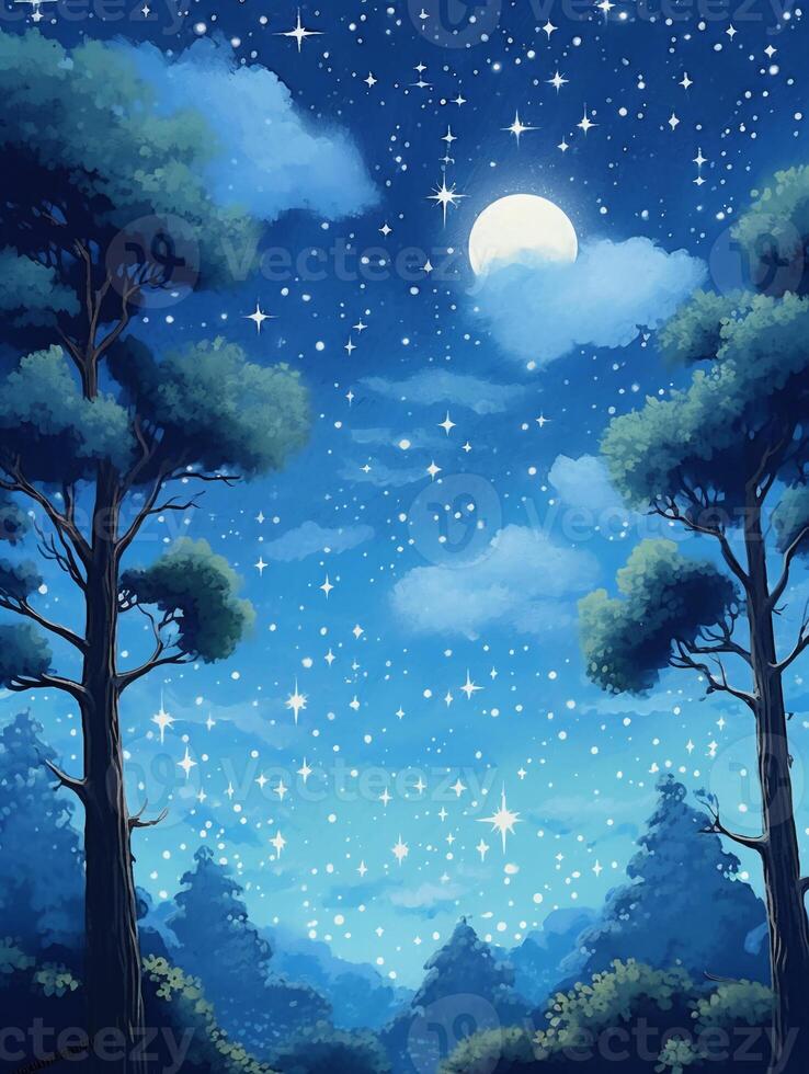 illustration of a moonlit night, with stars twinkling in the sky and clouds. photo