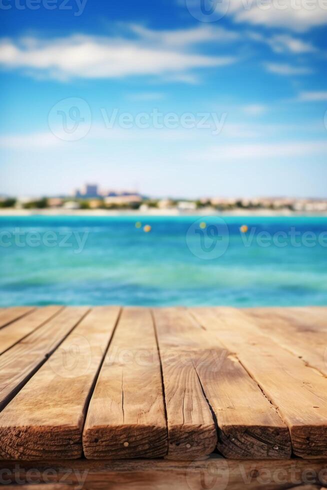 Wooden table blurred Croatian sea in Vodice background. photo