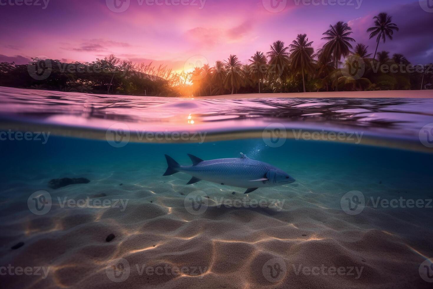 Photograph of beautiful inviting beach scene with purple sunset sky. photo