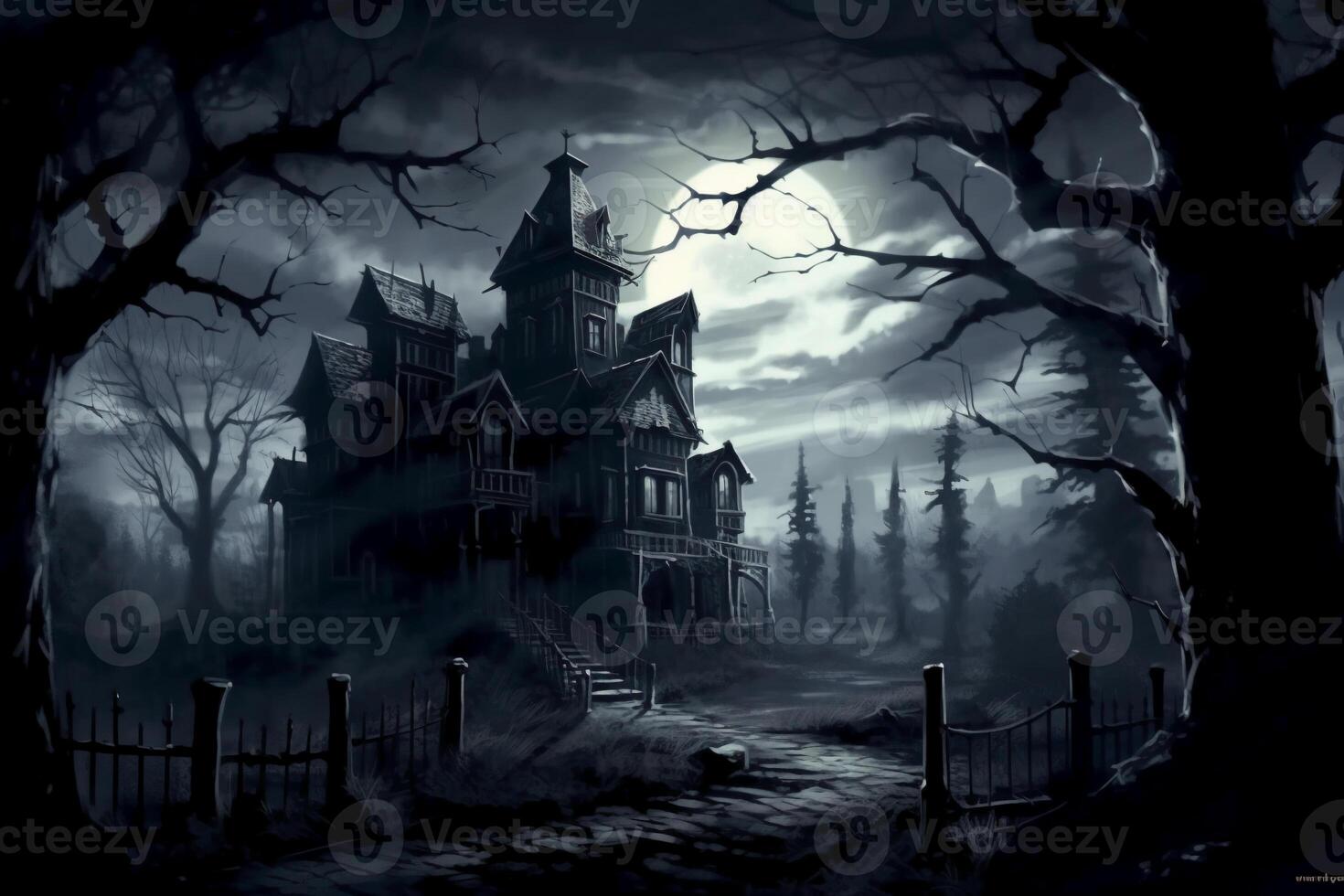 Creepy haunted mansion, spooky moonlit sky, trees in background with eyes shining from shadows. photo