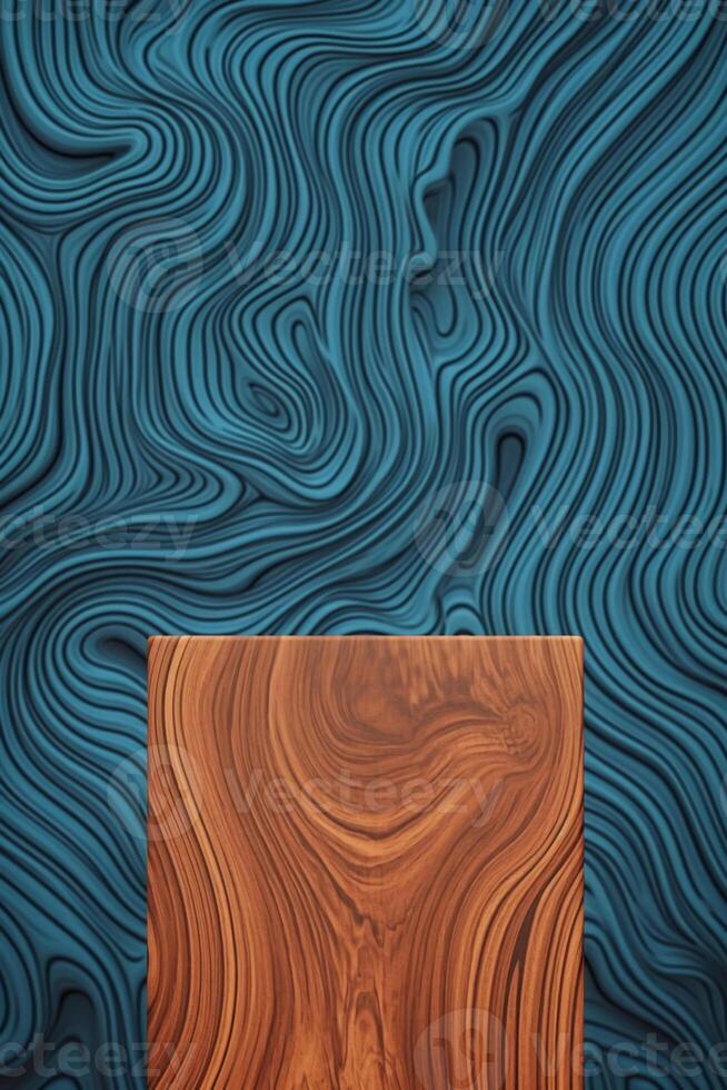 Brown wood grain podium with blue pattern background, front view. photo