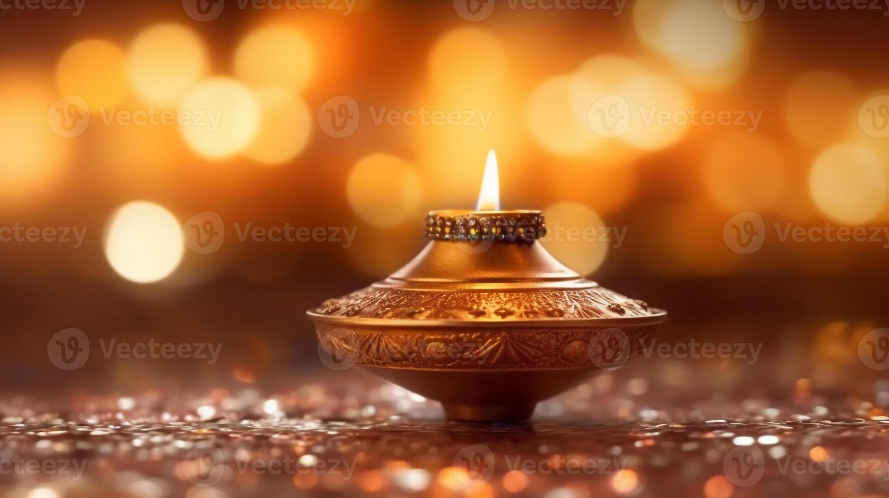 A Diya oil lamp, Diwali concept, blurred Hindu festival of lights celebration background. photo