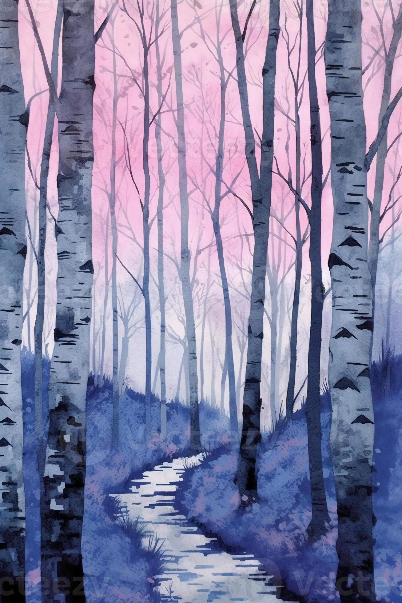 Birch trees in winter fine art print in the style. AI generative