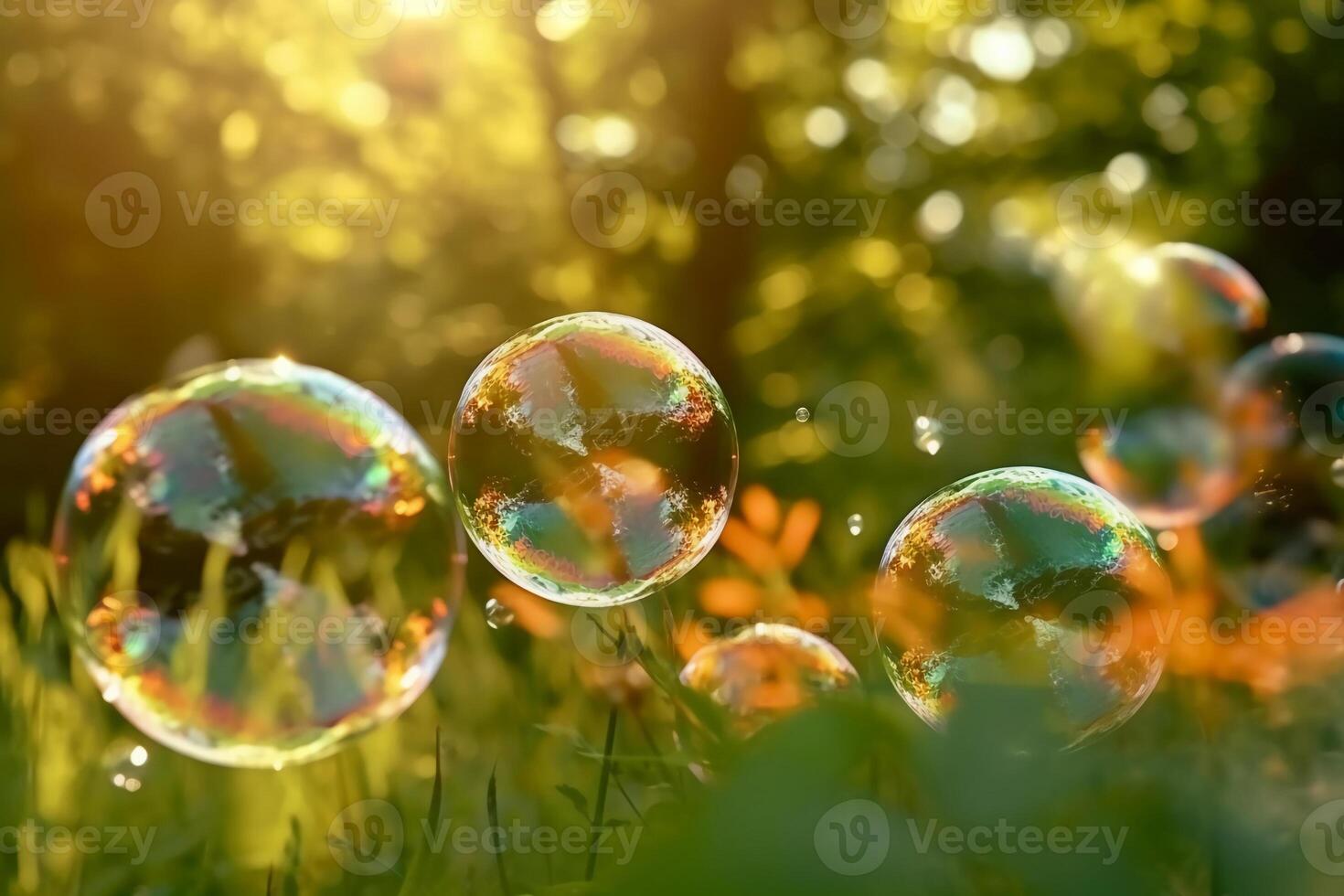 Soap bubbles against a blurred light natural summer background. photo