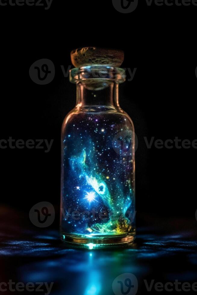 Glowing galaxy in a glass bottle. photo