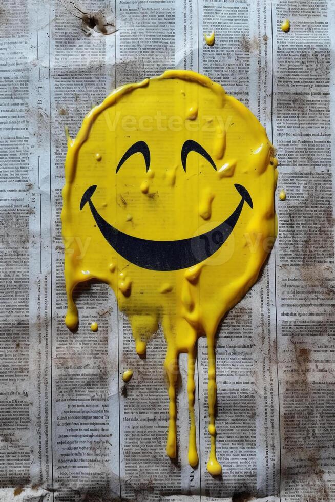 yellow paint dripping on the newspaper, happiness, smiley icon. photo