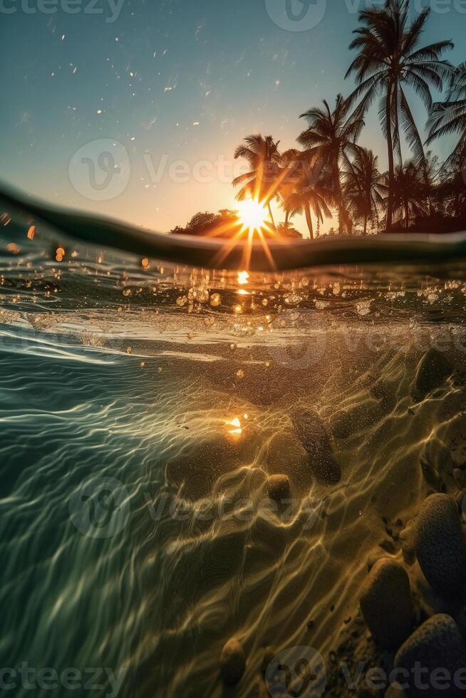 Photograph of beautiful inviting beach scene with sunset sky. photo