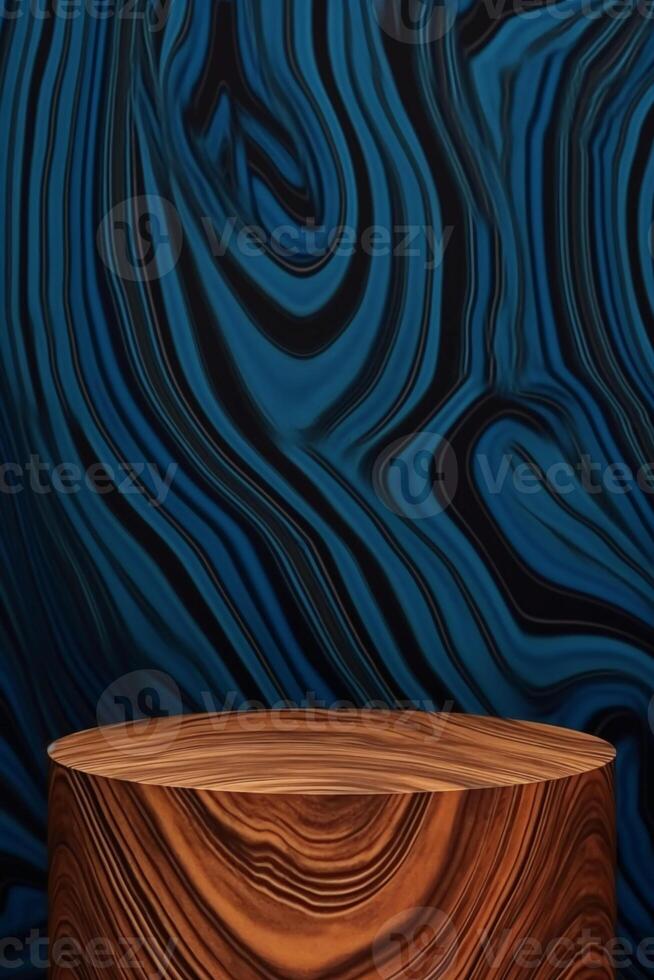 Brown wood grain podium with blue pattern background, front view. photo