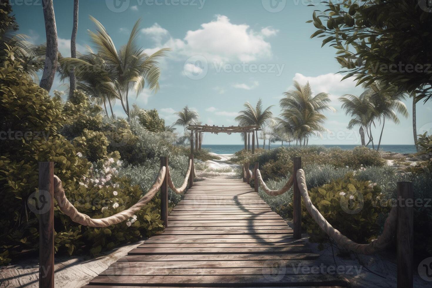 Photorealistic photo of a wooden path to the beach. Blue sky. plam trees, floral wedding arch white flowers.