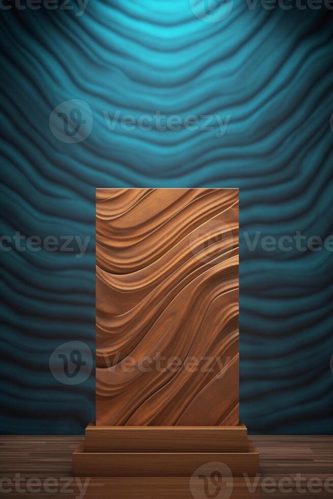 Brown wood grain podium with blue pattern background, front view. photo