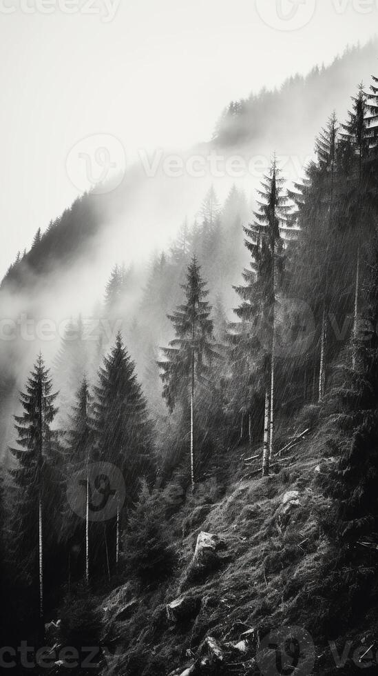Mountain forest with mist and fog. photo
