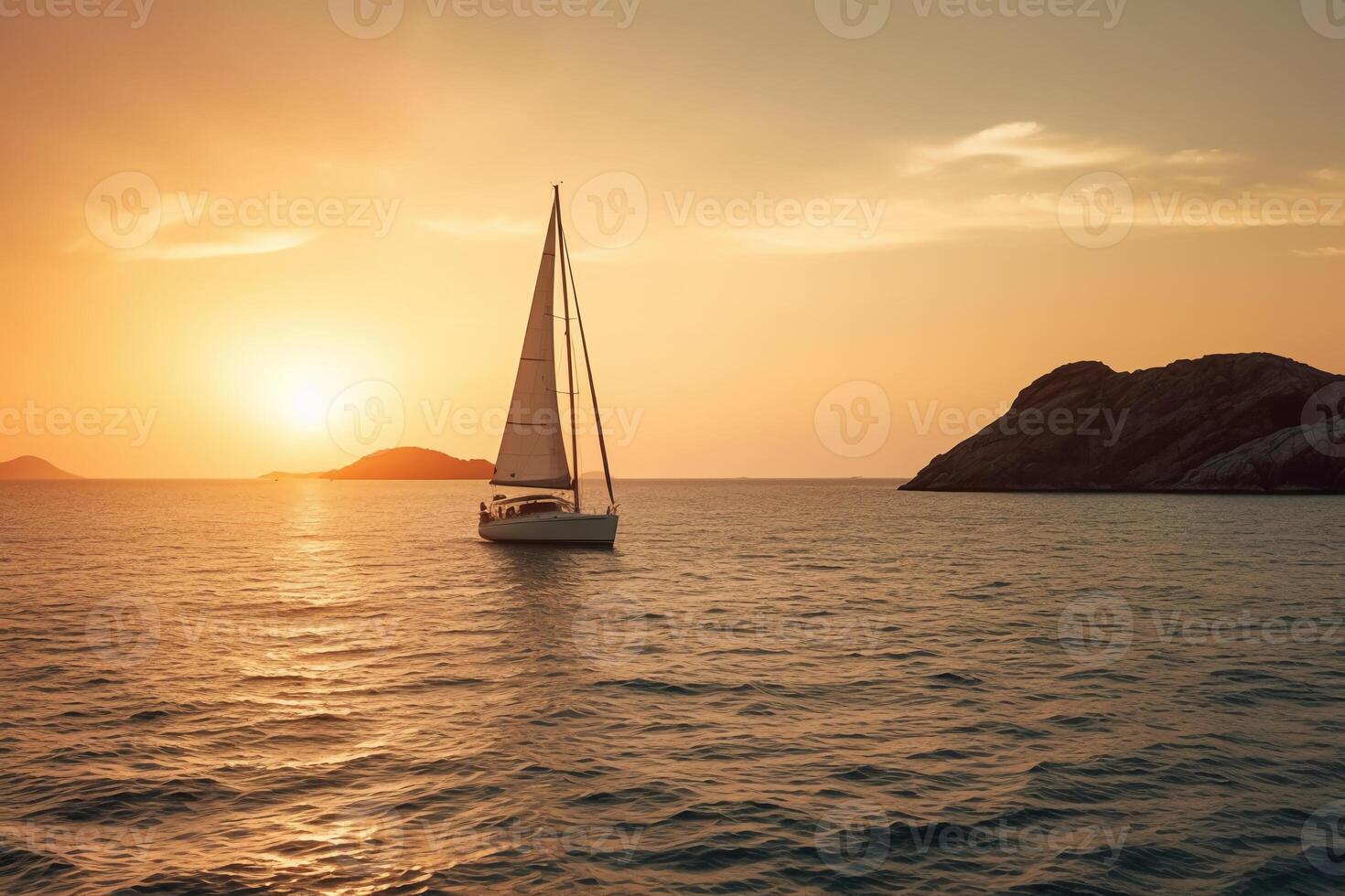 lujo yate navegación en el medio de el mar junto a un isla y montañas en el horizonte a puesta de sol como amplio bandera. ai generativo foto