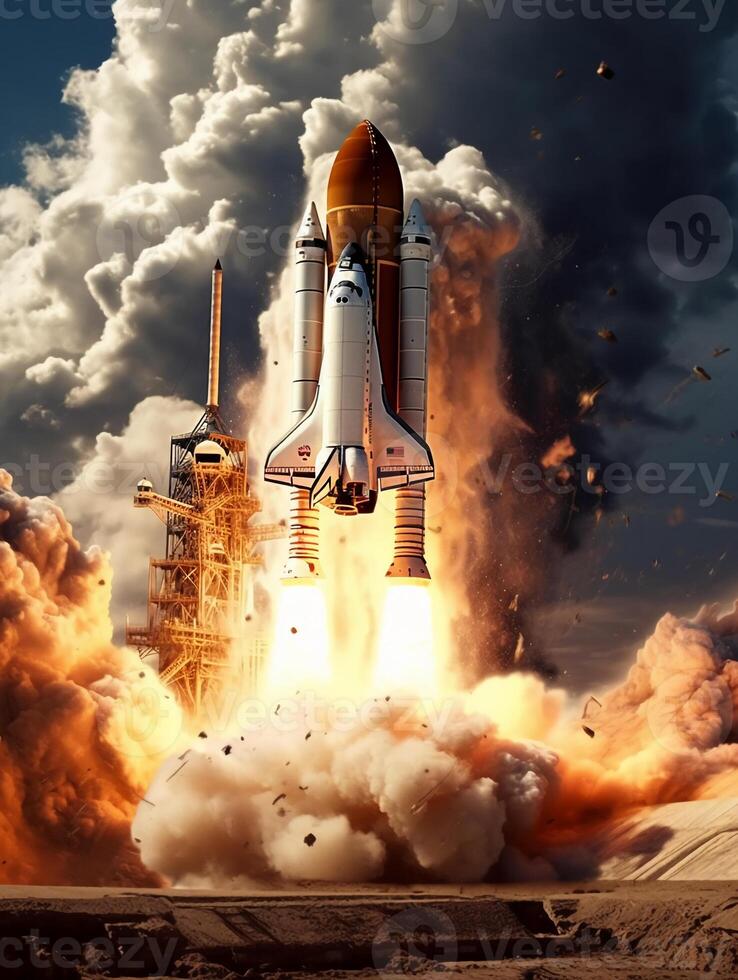 The space shuttles launching from the earth as a tectonic crisis destroys it. photo