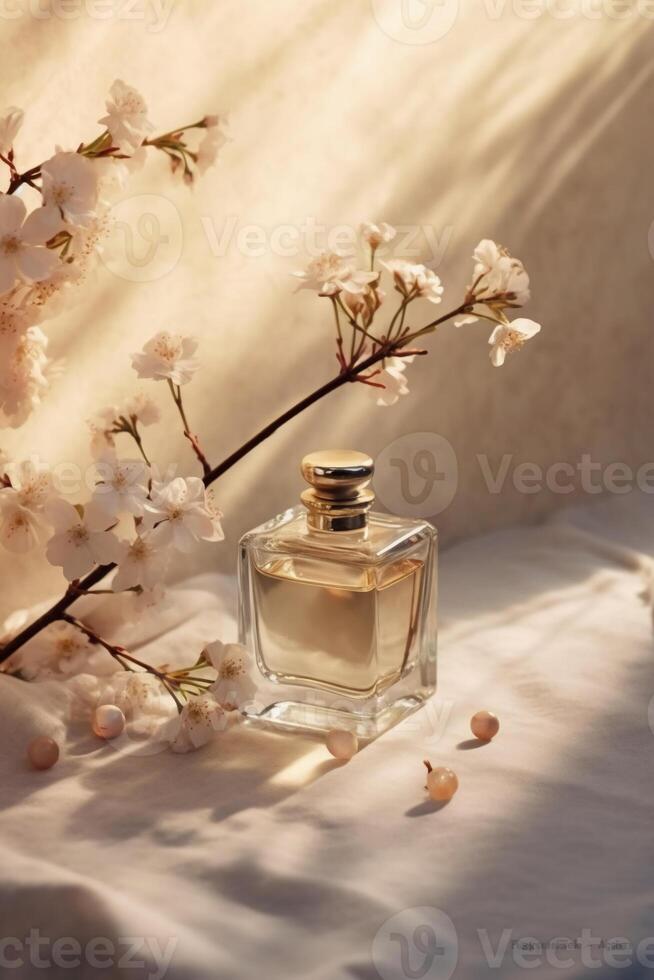 Still life photography, transparent perfume bottle in the center, stones, branches, flowers. photo