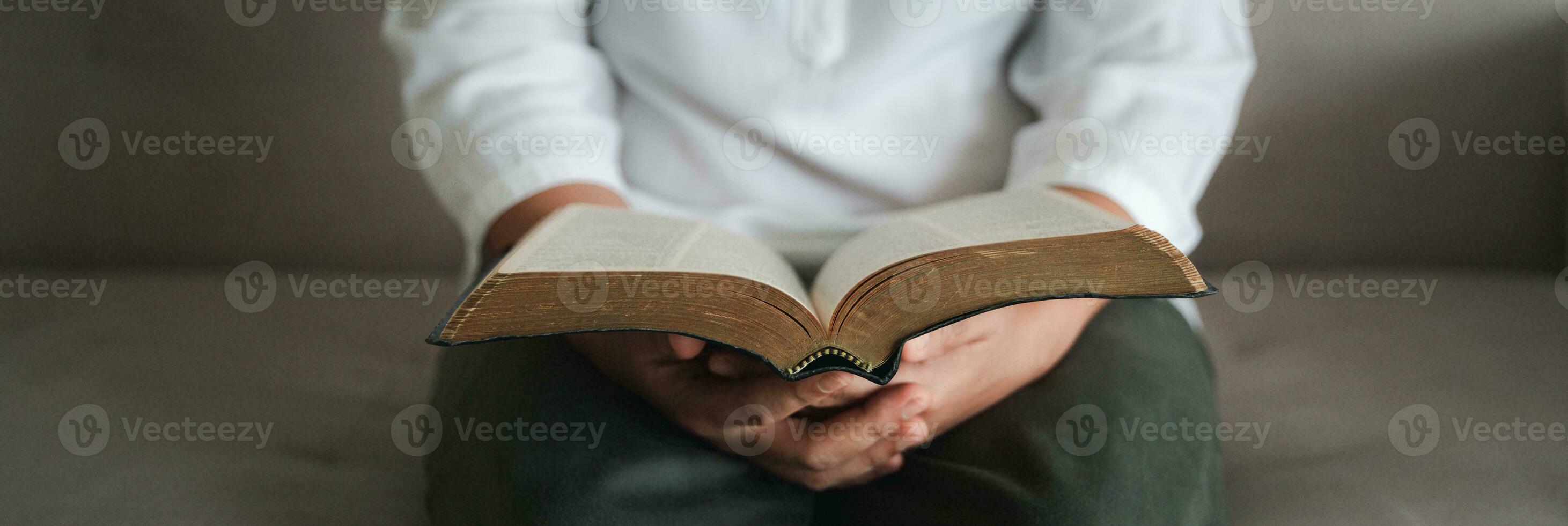 Woman hands praying to god with bible. Begging for forgiveness and believe in goodness. Christian life crisis prayer to god. Pray for god blessing to wishing have a better life. banner with copyspace photo
